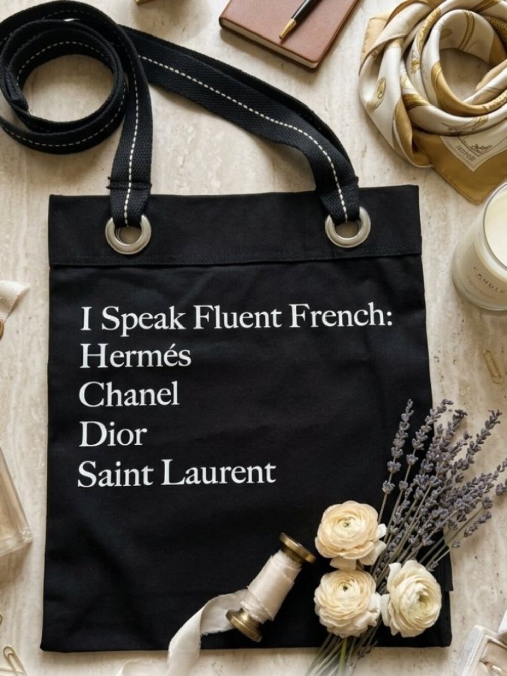 "I Speak Fluent French" Designer Canvas Tote Bag Black NEW